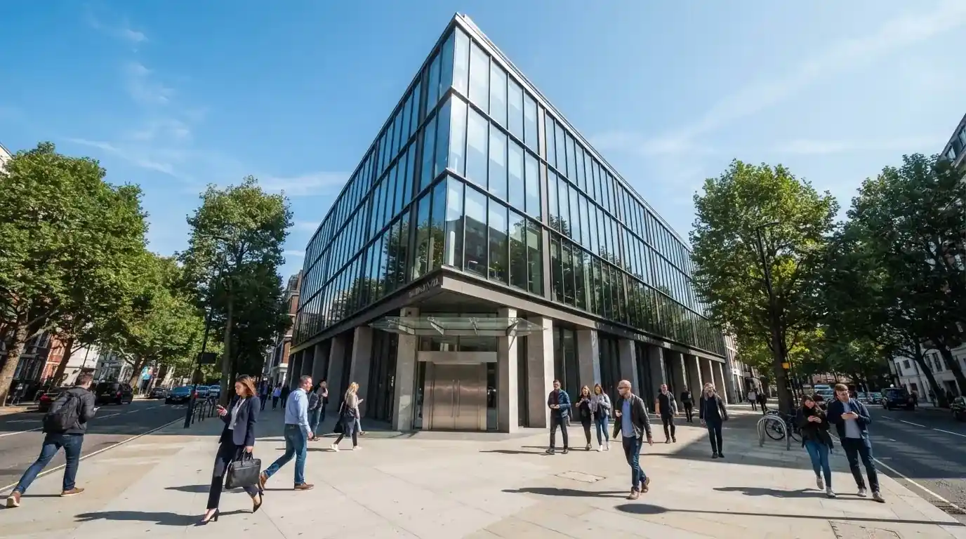Edificio de oficinas moderno con fachada de cristal bajo un cielo despejado, gente caminando por la acera en una calle de ciudad.