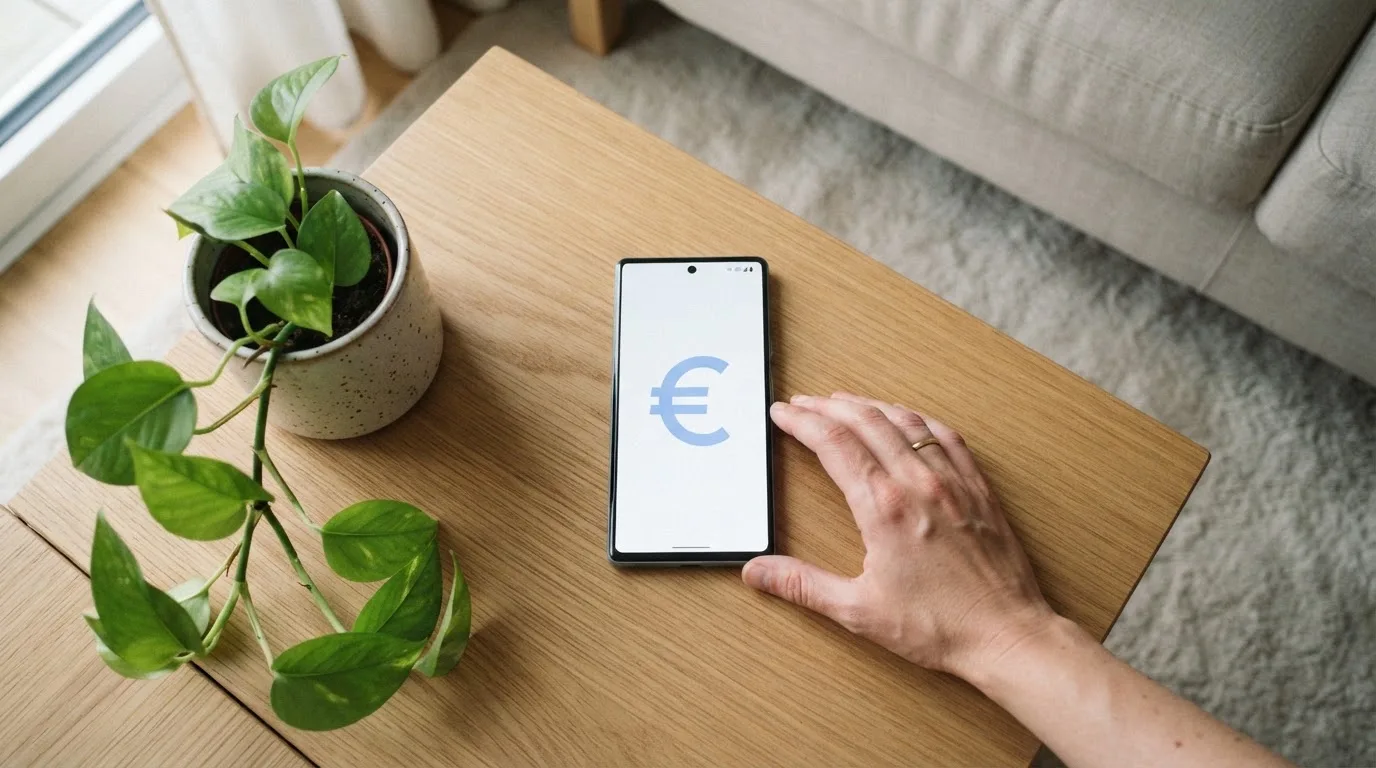 Mano sostiene un teléfono móvil mostrando una pantalla de inicio genérica sobre una mesa de café con una planta al fondo.