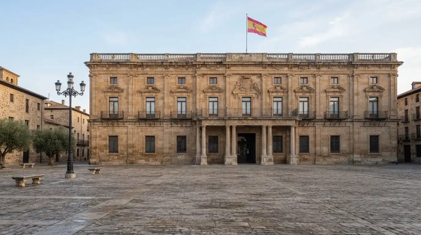 Fachada clásica de un edificio administrativo con una bandera ondeando y una plaza vacía al frente.