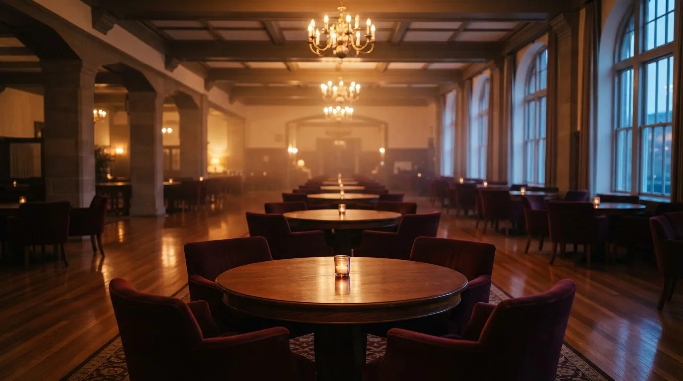Interior de una sala amplia con mesas redondas de madera y sillas tapizadas bajo una iluminación cálida.
