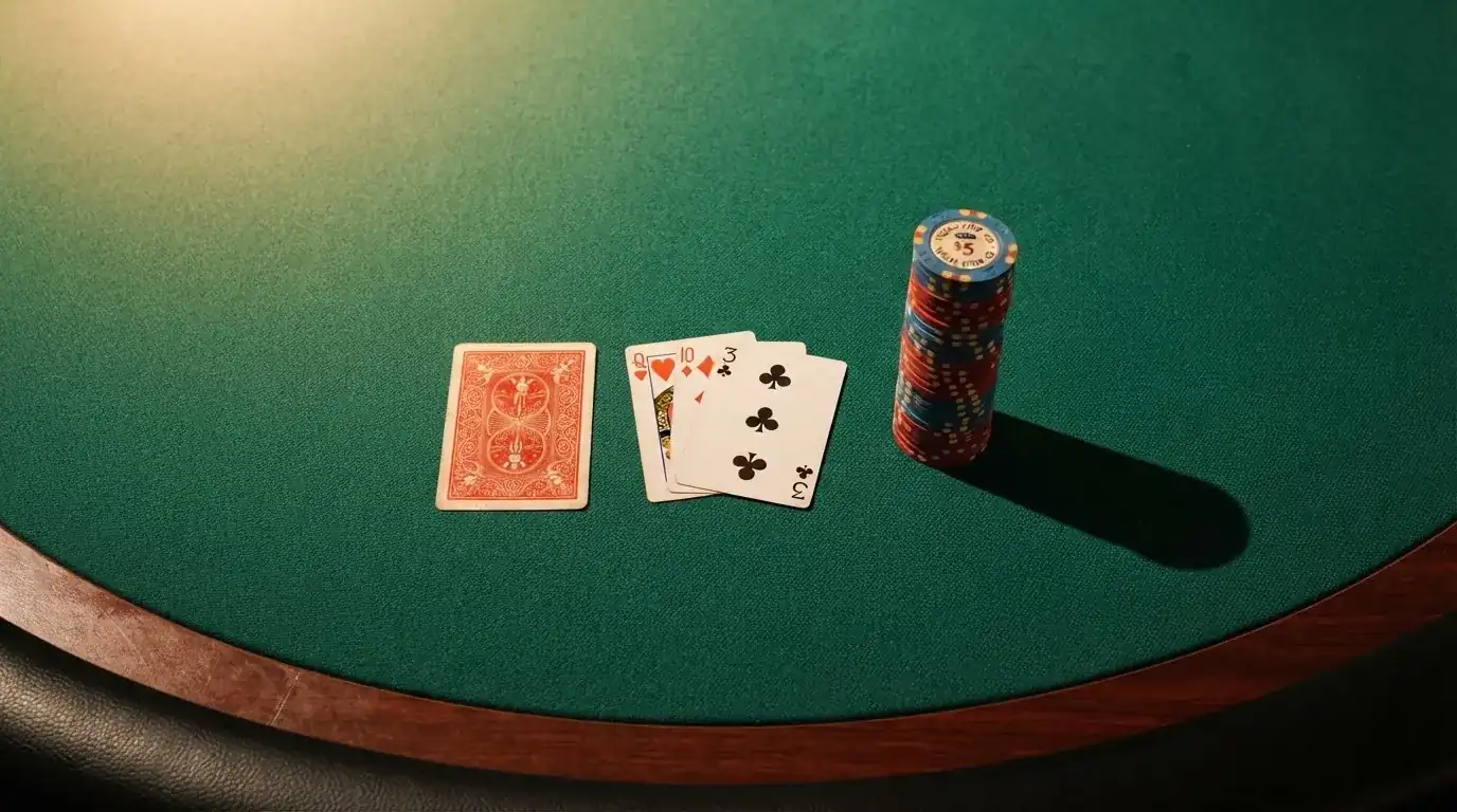 Vista cenital de una baraja de cartas y fichas de casino apiladas sobre una mesa de fieltro verde.