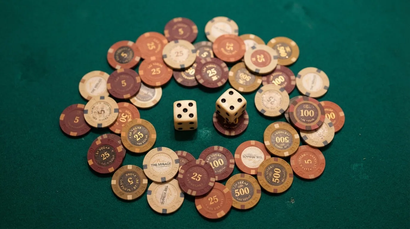 Vista cenital de fichas de casino y dados sobre una mesa de fieltro verde bajo luz suave.