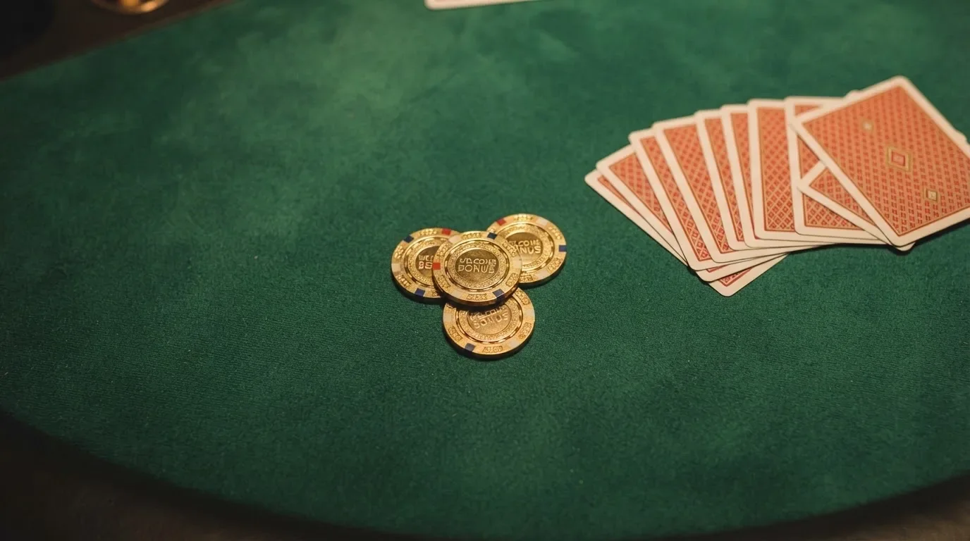 Vista cenital de fichas doradas y una baraja de cartas sobre una mesa de fieltro verde.