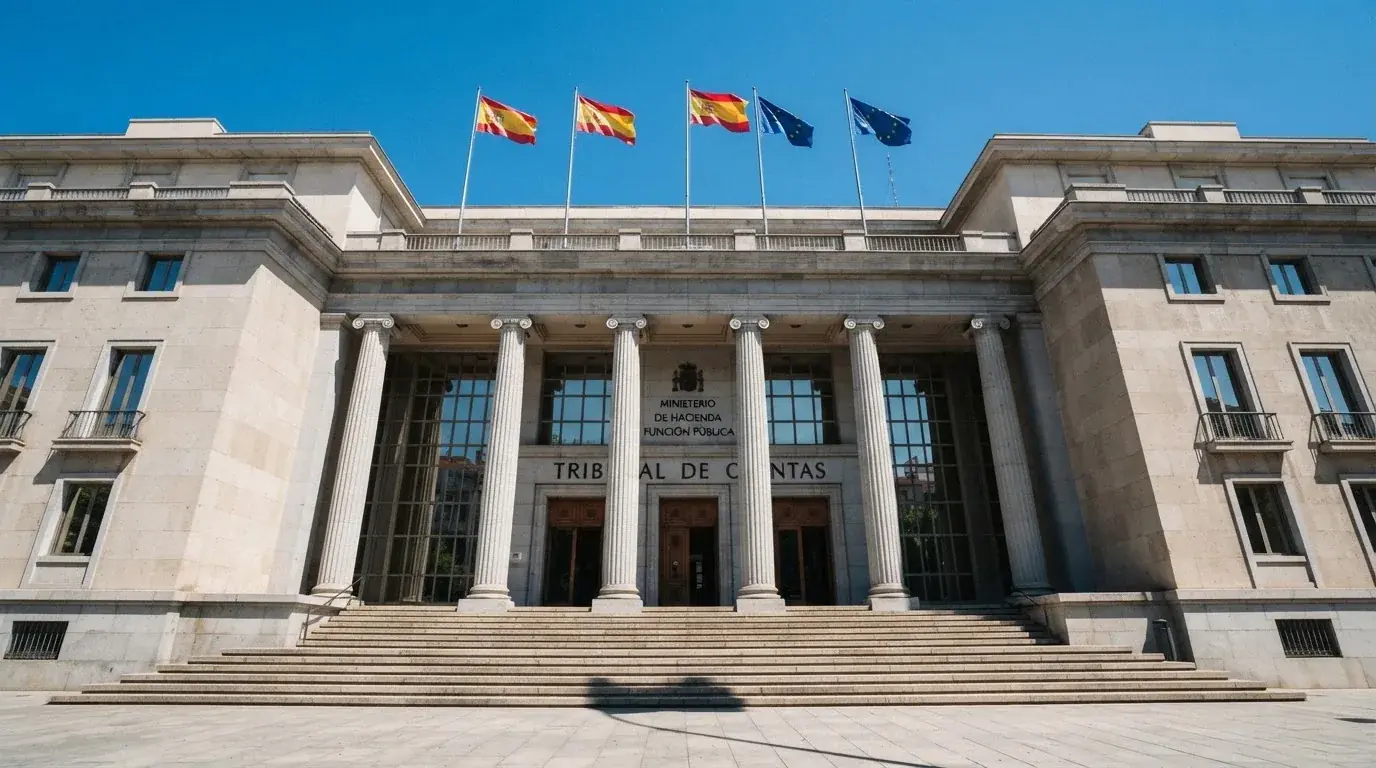 Fachada de un edificio institucional con banderas ondeando bajo un cielo despejado.