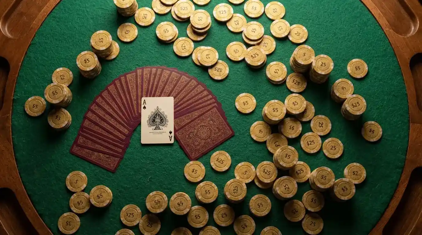 Vista cenital de fichas doradas y una baraja de cartas sobre una mesa de fieltro verde.