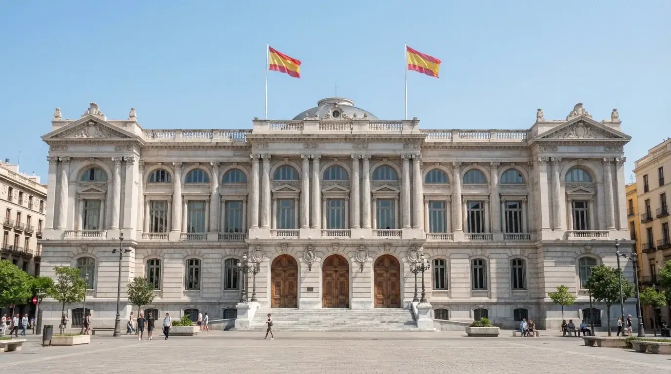 Fachada de un edificio institucional con banderas ondeando bajo un cielo despejado.
