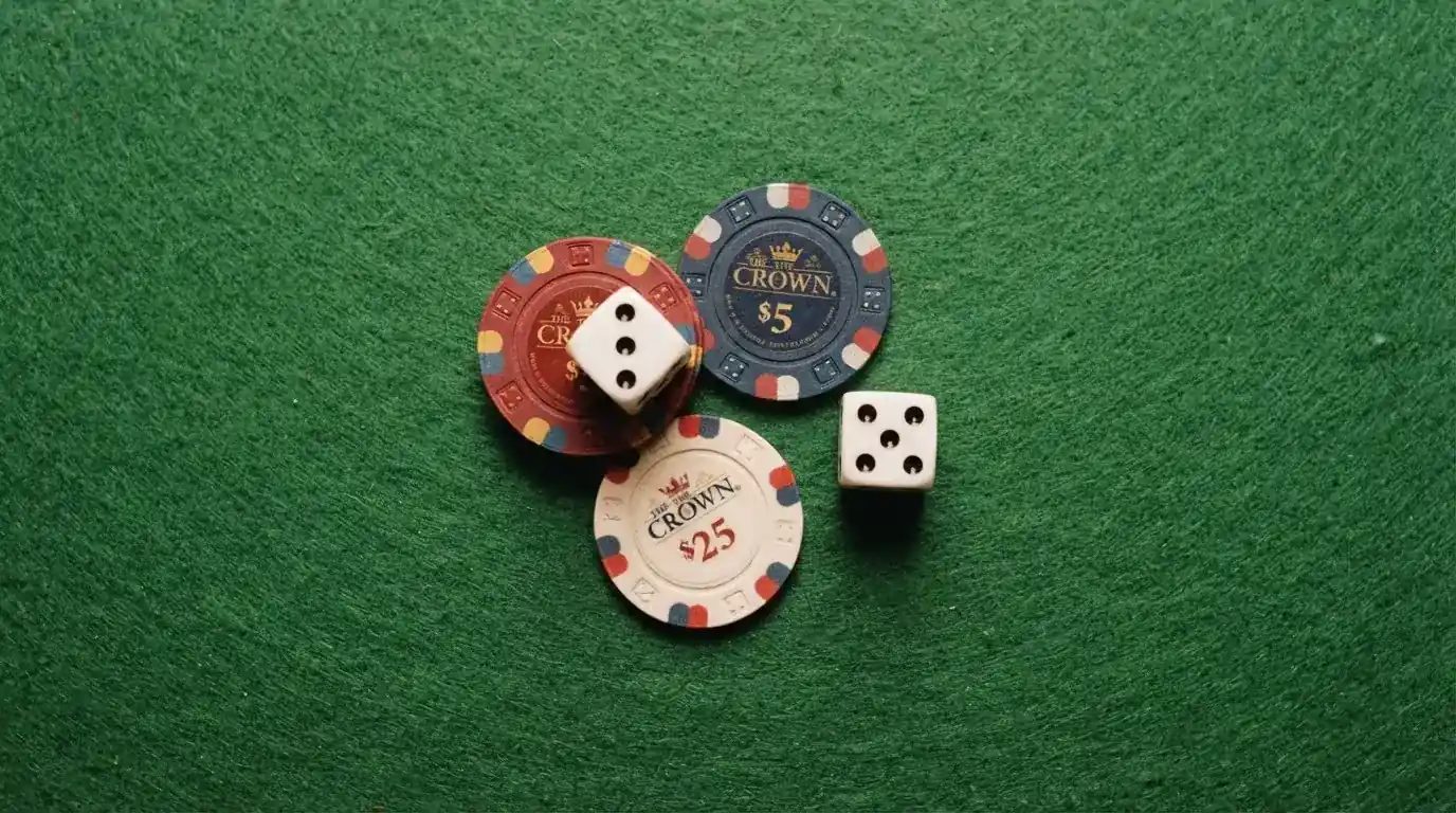 Vista cenital de fichas de casino y dados sobre una mesa de fieltro verde bajo luz suave.
