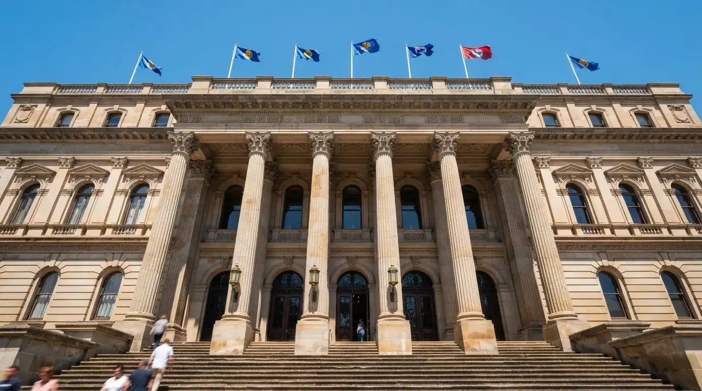 Fachada de un edificio institucional con columnas y banderas ondeando bajo un cielo despejado.