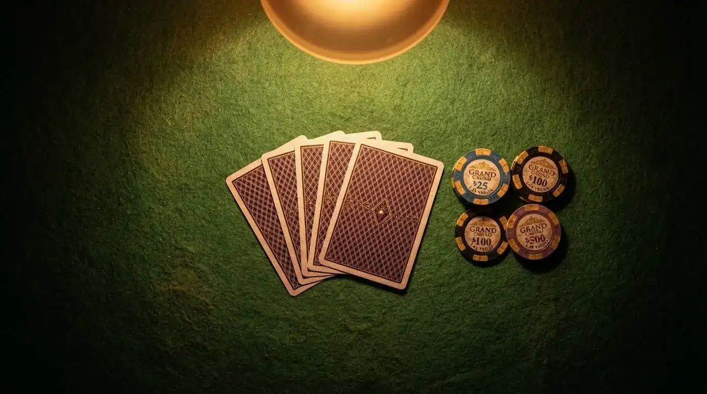 Vista cenital de fichas doradas y una baraja de cartas sobre una mesa de fieltro verde.