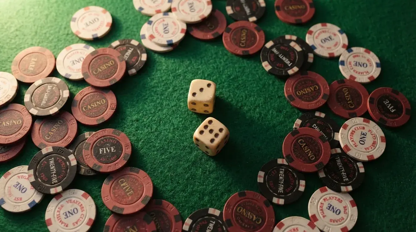 Vista cenital de fichas de casino y dados sobre una mesa de fieltro verde bajo luz suave.