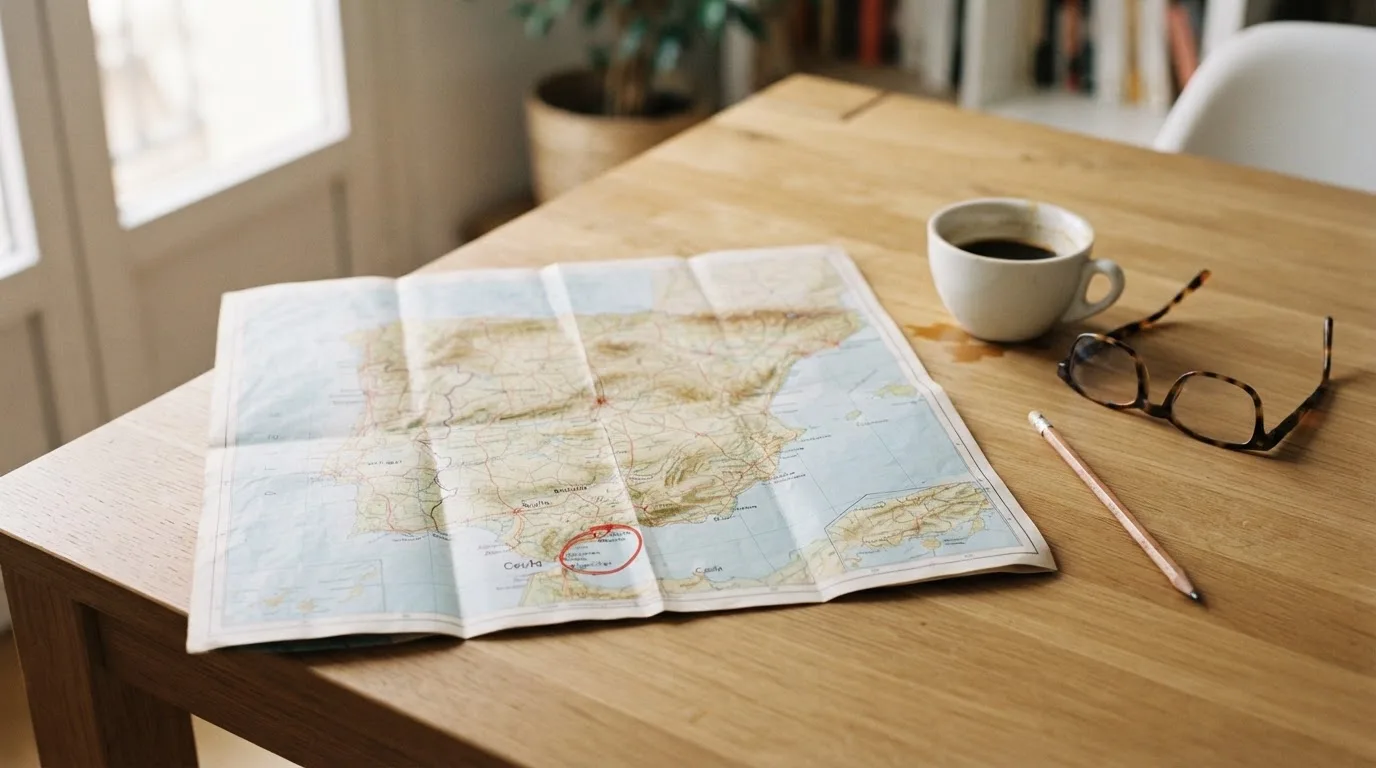 Un mapa físico de España sobre una mesa de madera junto a una taza de café y unas gafas, con luz natural entrando por una ventana.