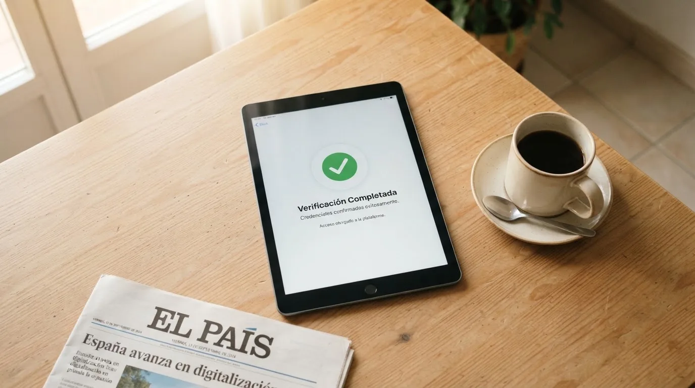 Una mano sostiene un teléfono móvil mientras otra persona mira una tableta apoyada sobre una mesa de cocina por la mañana.