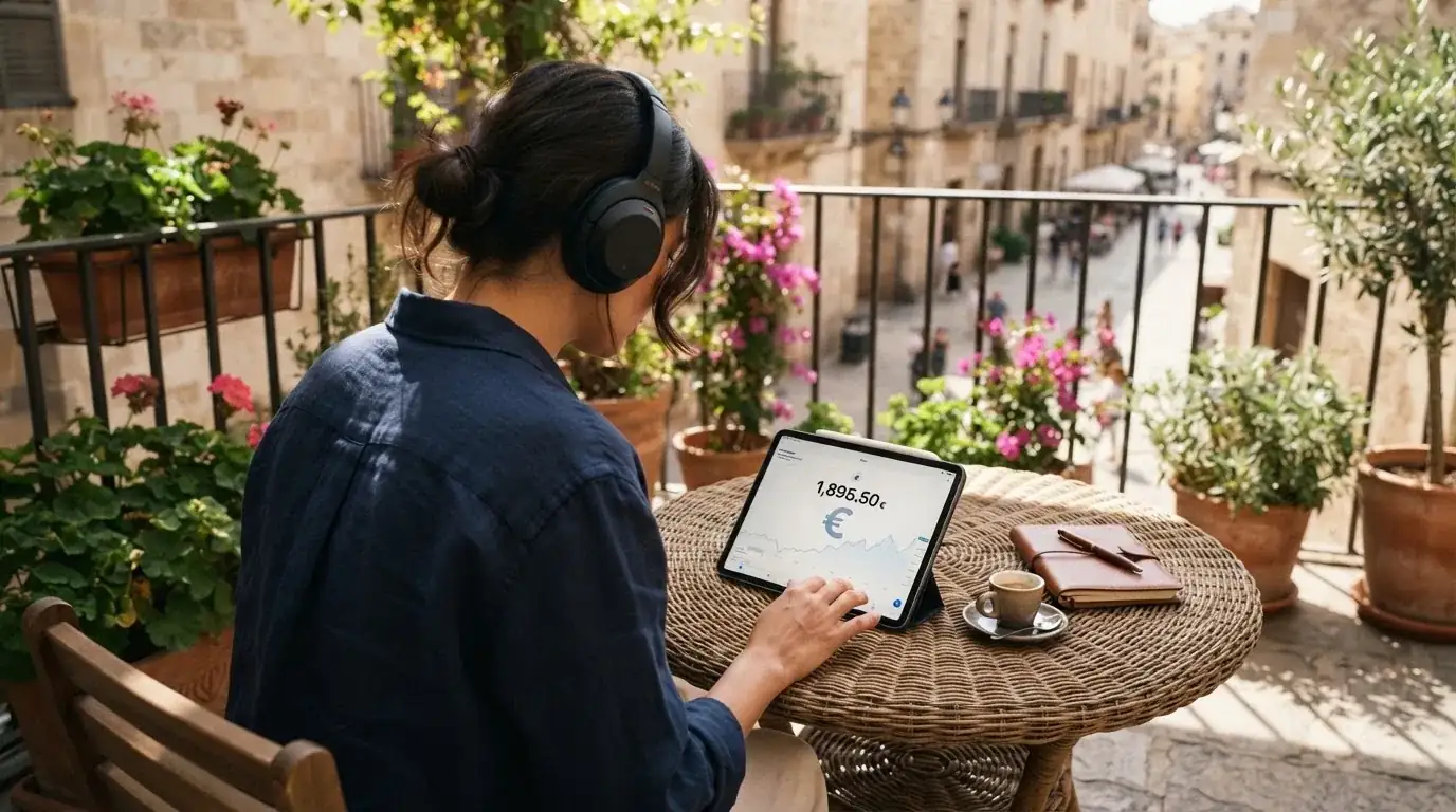 Una persona con auriculares revisa una lista en una tableta apoyada sobre una mesa de café en una terraza soleada.