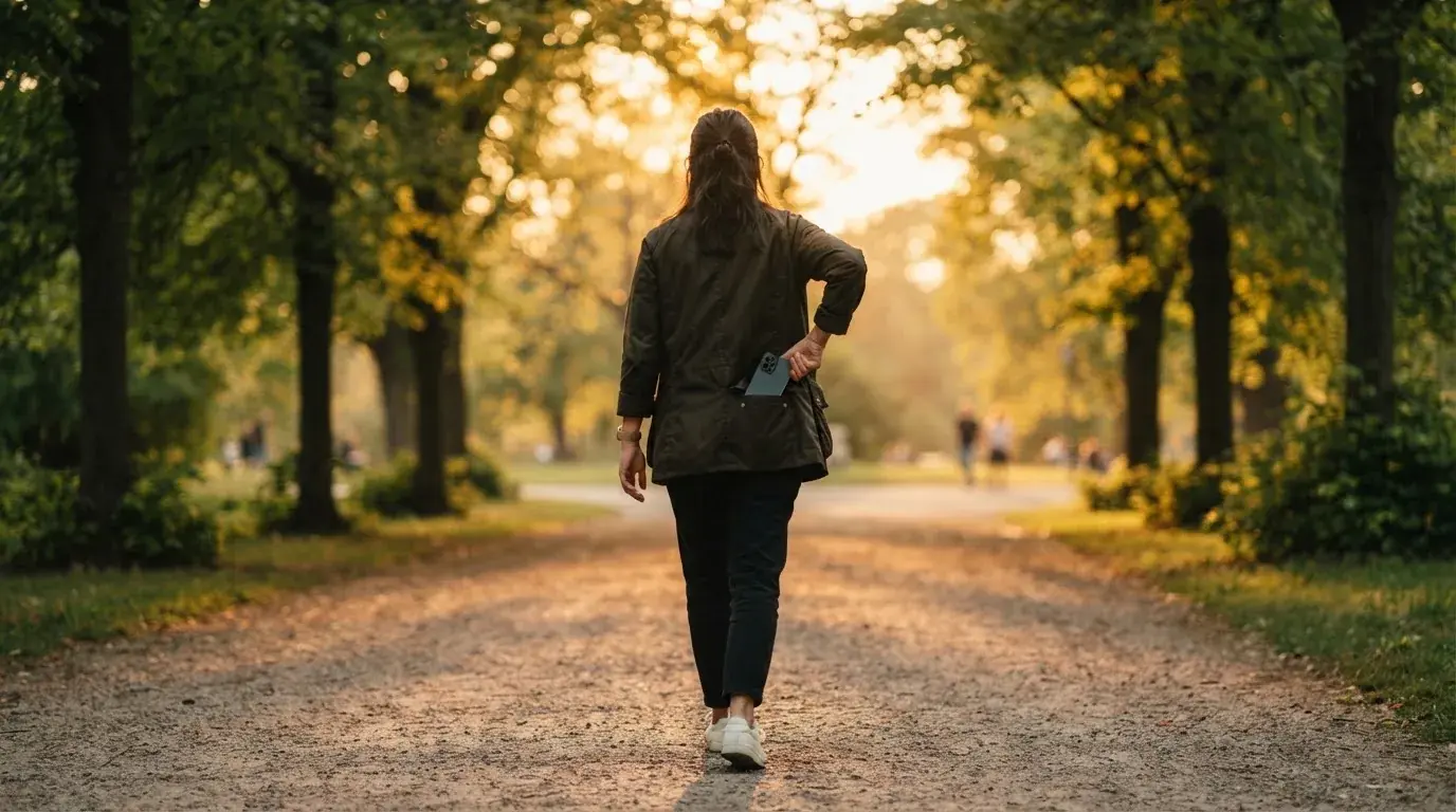 Una persona guarda su teléfono en el bolsillo mientras camina por un parque tranquilo durante el atardecer.