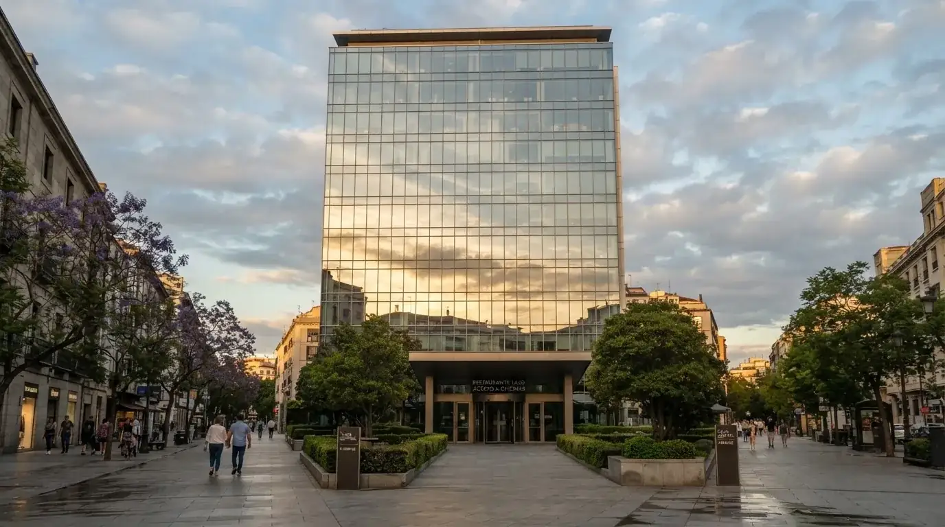 Un edificio de oficinas con fachada de cristal reflejando nubes, fotografiado desde una acera ancha por la tarde.