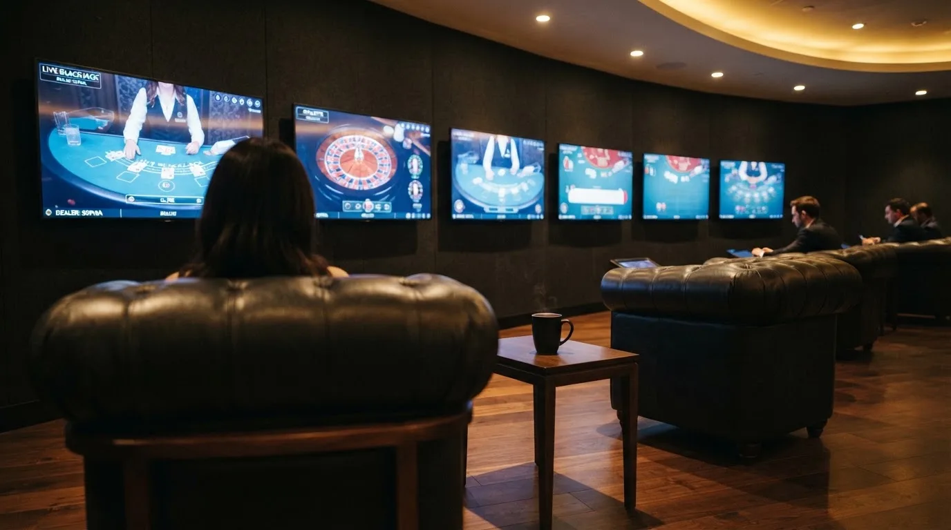 Fotografía de un salón de casino moderno con pantallas de transmisión en directo y sillones cómodos, ambiente cálido y profesional.