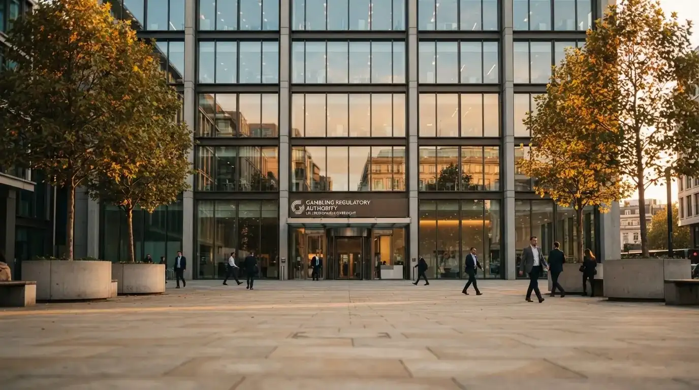 Fotografía de un edificio de oficinas corporativas con fachada de cristal, simbolizando la regulación y la supervisión del sector del juego.