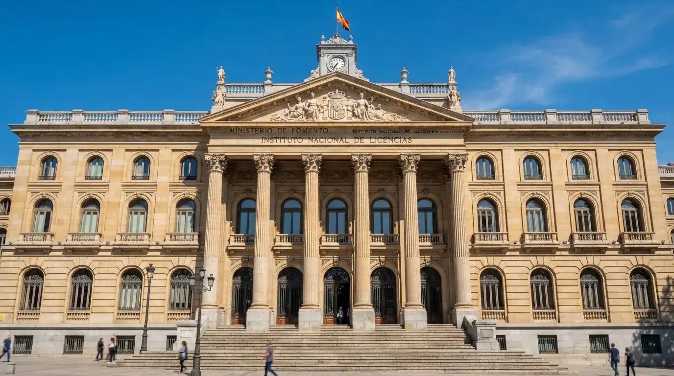 Fotografía de la fachada de un edificio institucional español con columnas clásicas bajo un cielo despejado.