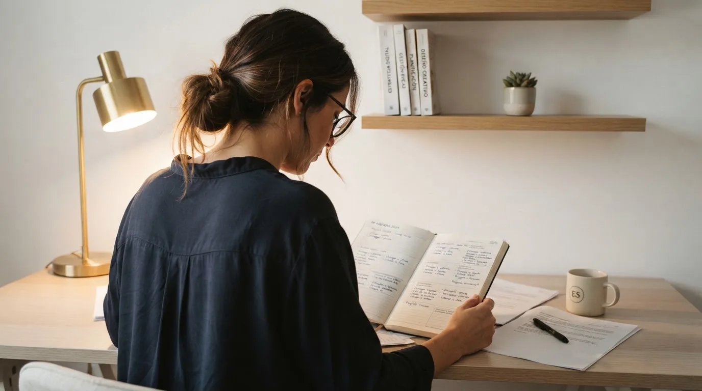 Una mujer con gafas revisa su agenda en un escritorio de oficina moderna con estanterías al fondo.