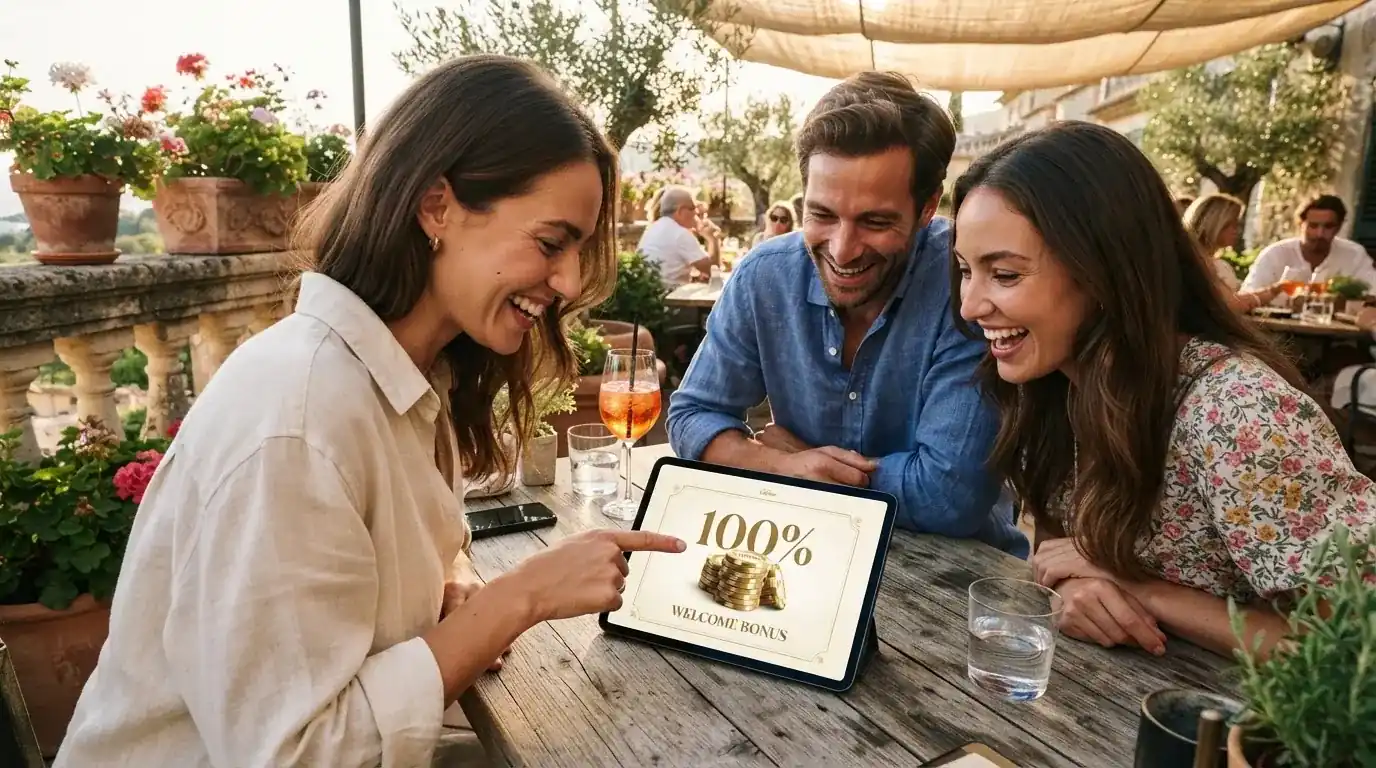 Un grupo de amigos revisa algo en una tableta sobre una mesa de madera en una terraza al aire libre.