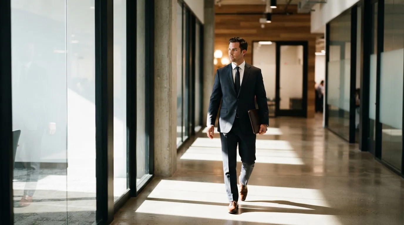 Un hombre con traje camina por el pasillo de un edificio de oficinas moderno con grandes ventanales.