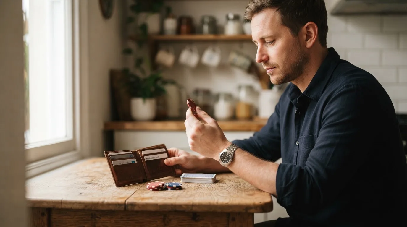 Un hombre revisa su cartera con tarjetas y monedas sobre una mesa de madera en casa.