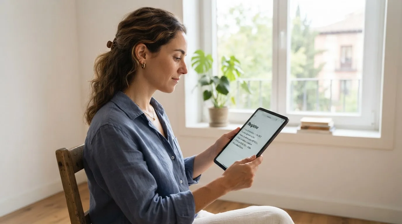 Una mujer consulta información oficial en la pantalla de su tableta, sentada junto a una ventana con luz natural.