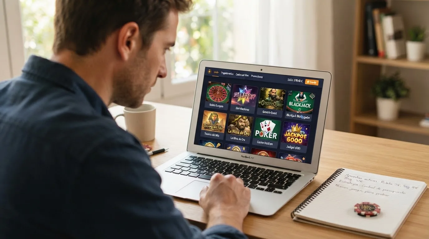 Un hombre explora distintos juegos gratuitos de casino en la pantalla de su ordenador portátil, sentado en su escritorio.