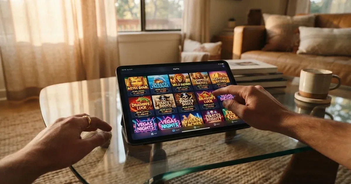 Una persona explora distintas miniaturas de juegos en la pantalla de su tableta apoyada sobre una mesa de cristal.