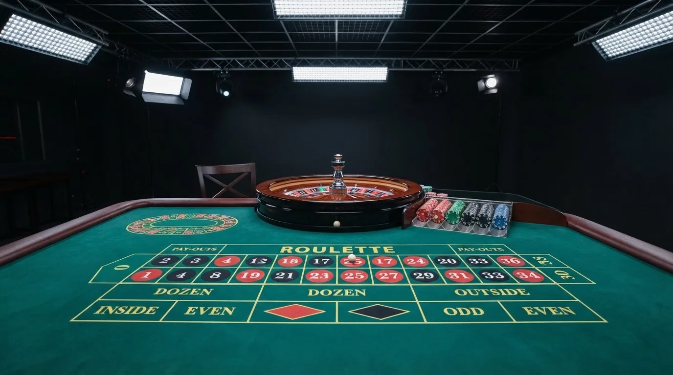 Una mesa de ruleta en vivo vacía momentos antes de empezar la retransmisión, con luces de estudio profesional encendidas.
