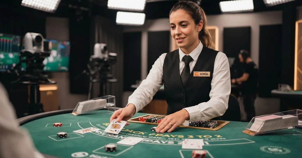 Un crupier reparte cartas en una mesa de blackjack en vivo, con cámaras de estudio visibles ligeramente desenfocadas al fondo.