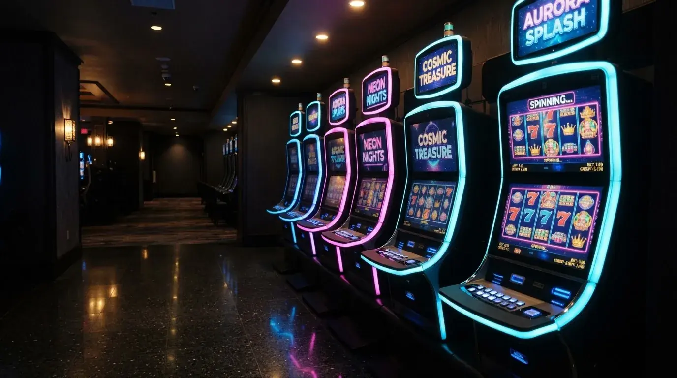 Una hilera de máquinas tragaperras modernas con luces de colores encendidas, fotografiada en un pasillo de casino vacío.