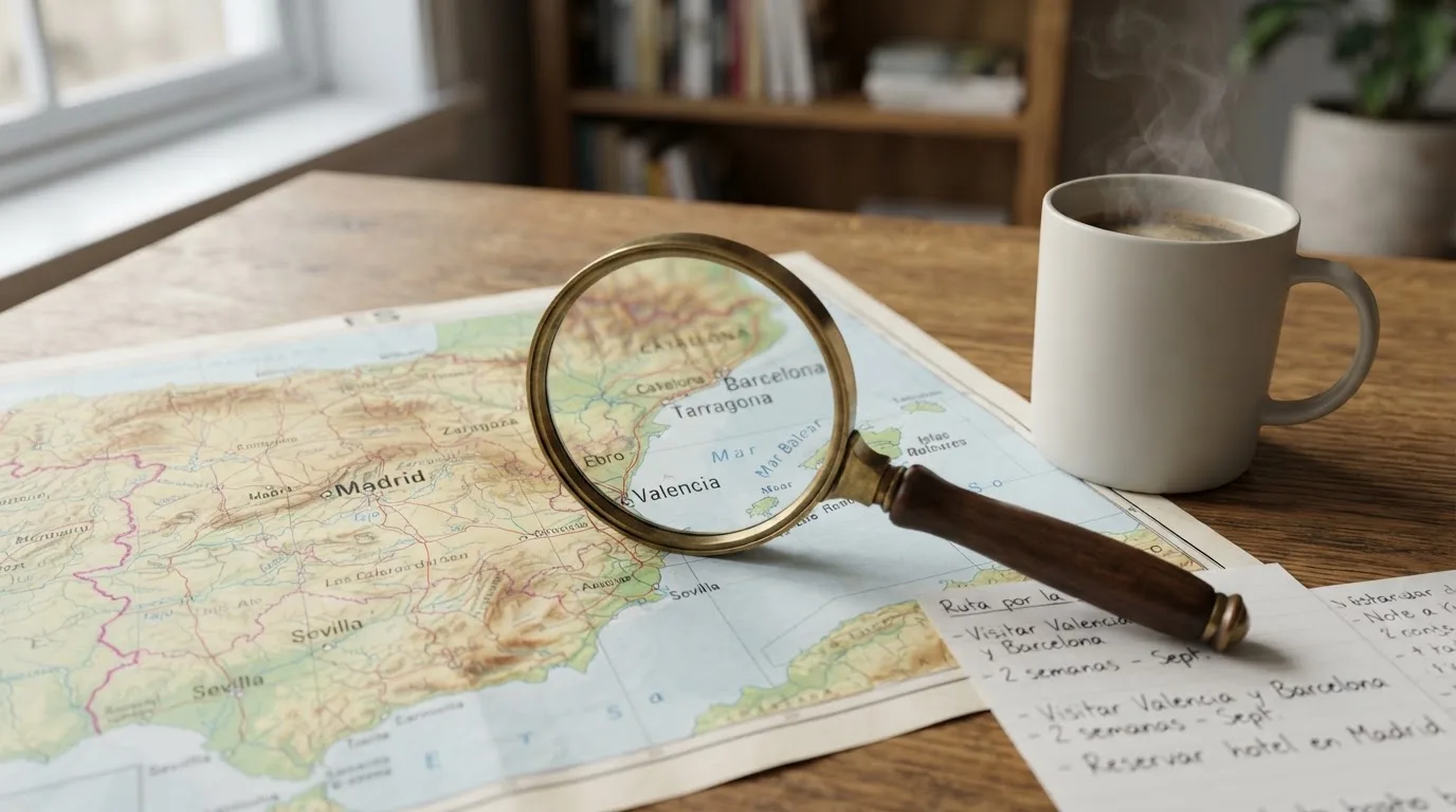 Una lupa sobre un mapa de España colocado en un escritorio de madera junto a una taza de café humeante.